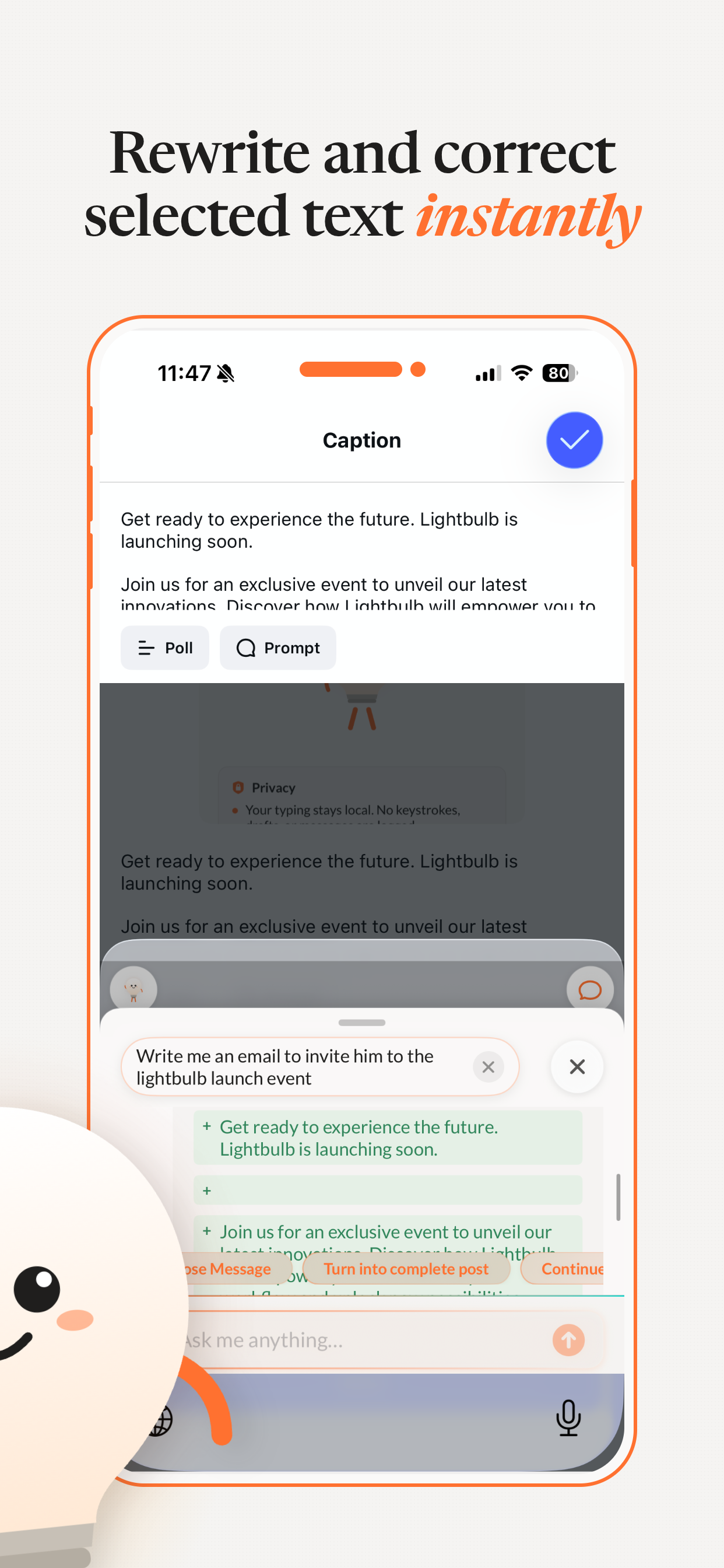 Rewrite and correct selected text instantly